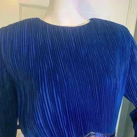 Nuit Vintage 80s Crepe Dress 10 Sequin Wasp Belt Blue Longsleeve Cocktail Formal - Picture 11 of 13